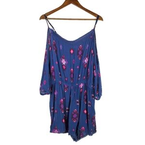 Womens Aztec Bohemian Cold Shoulder Romper Sz L Long Sleeve Navy Blue Mudd